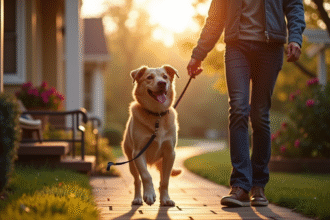 Chien confié à un pet-sitter professionnel à la porte