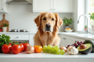 Golden retriever curieux devant un tableau de légumes colorés