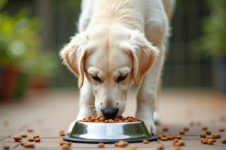 Golden retriever blanc mangeant dans un bol en inox en extérieur