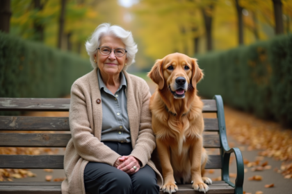 Chien golden retriever senior assis avec une femme âgée