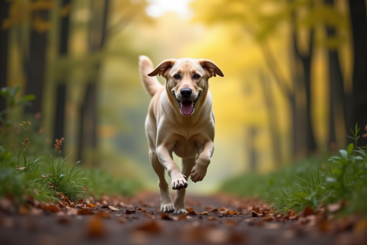 Labrador courant joyeusement sur un sentier forestier