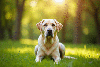 Labrador retriever assis dans un parc ensoleille