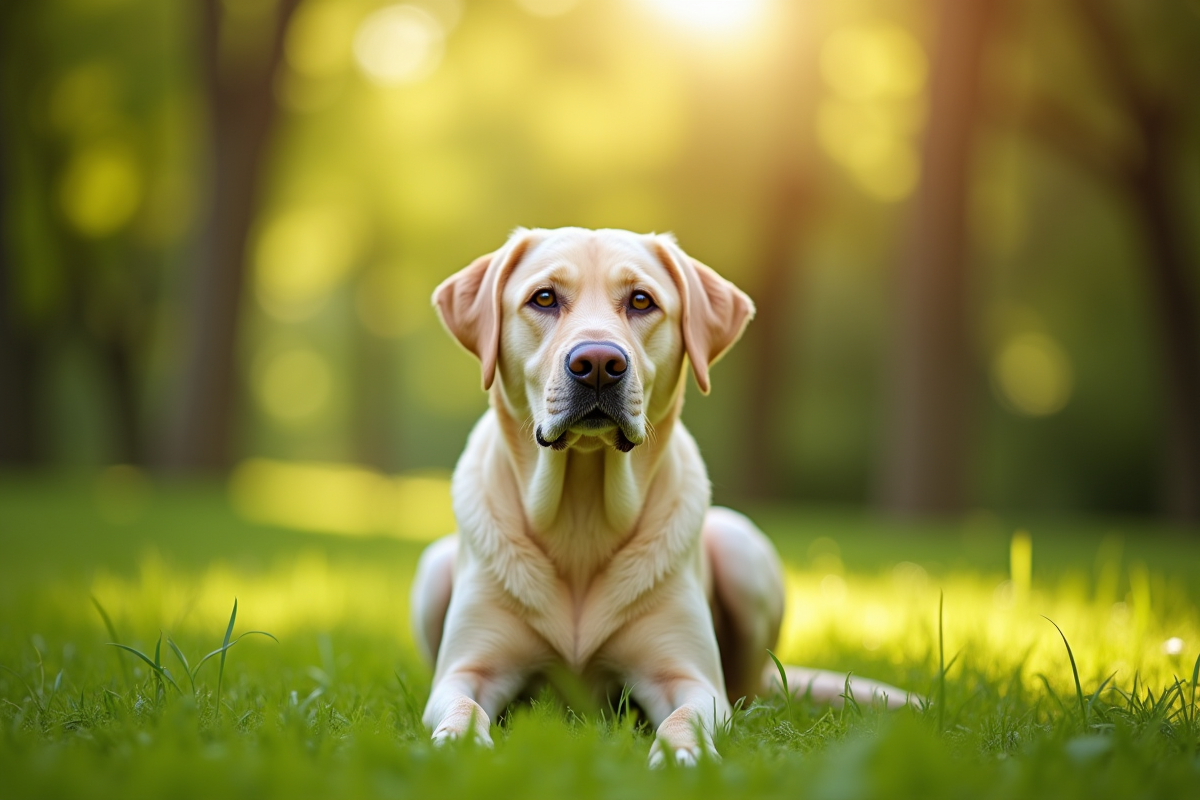 Labrador retriever assis dans un parc ensoleille