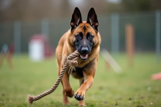 Chien Malinois mordant une corde d'entraînement sur un terrain d'agility, illustrant la pression de mâchoire lors des exercices de mordant