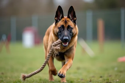 Chien Malinois mordant une corde d'entraînement sur un terrain d'agility, illustrant la pression de mâchoire lors des exercices de mordant