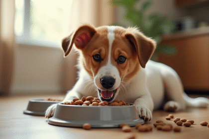 Chien heureux mangeant dans un bol de croquettes sans céréales