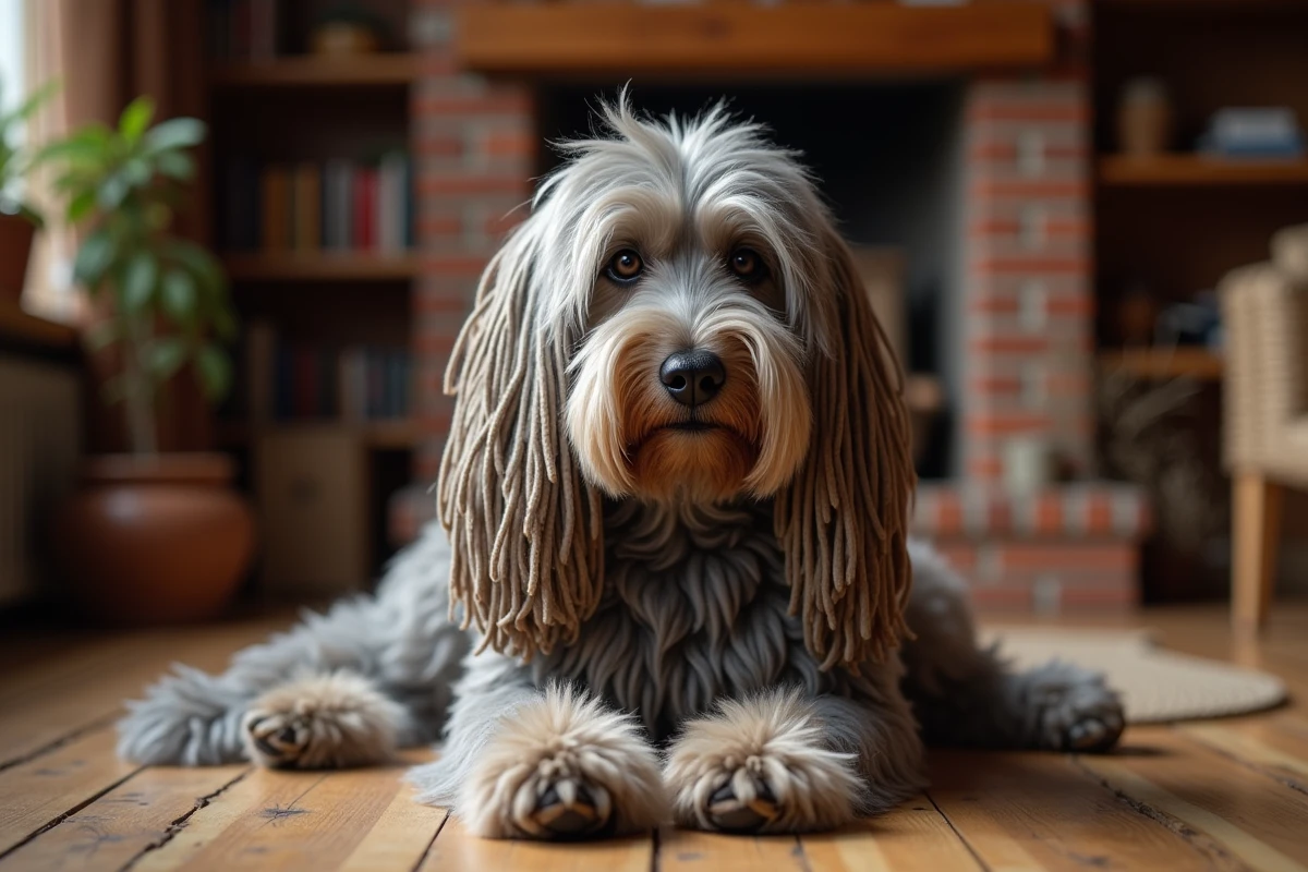 Chien Puli avec ses longues tresses caractéristiques assis dans un salon chaleureux, race au physique original souvent mentionnée par les vétérinaires