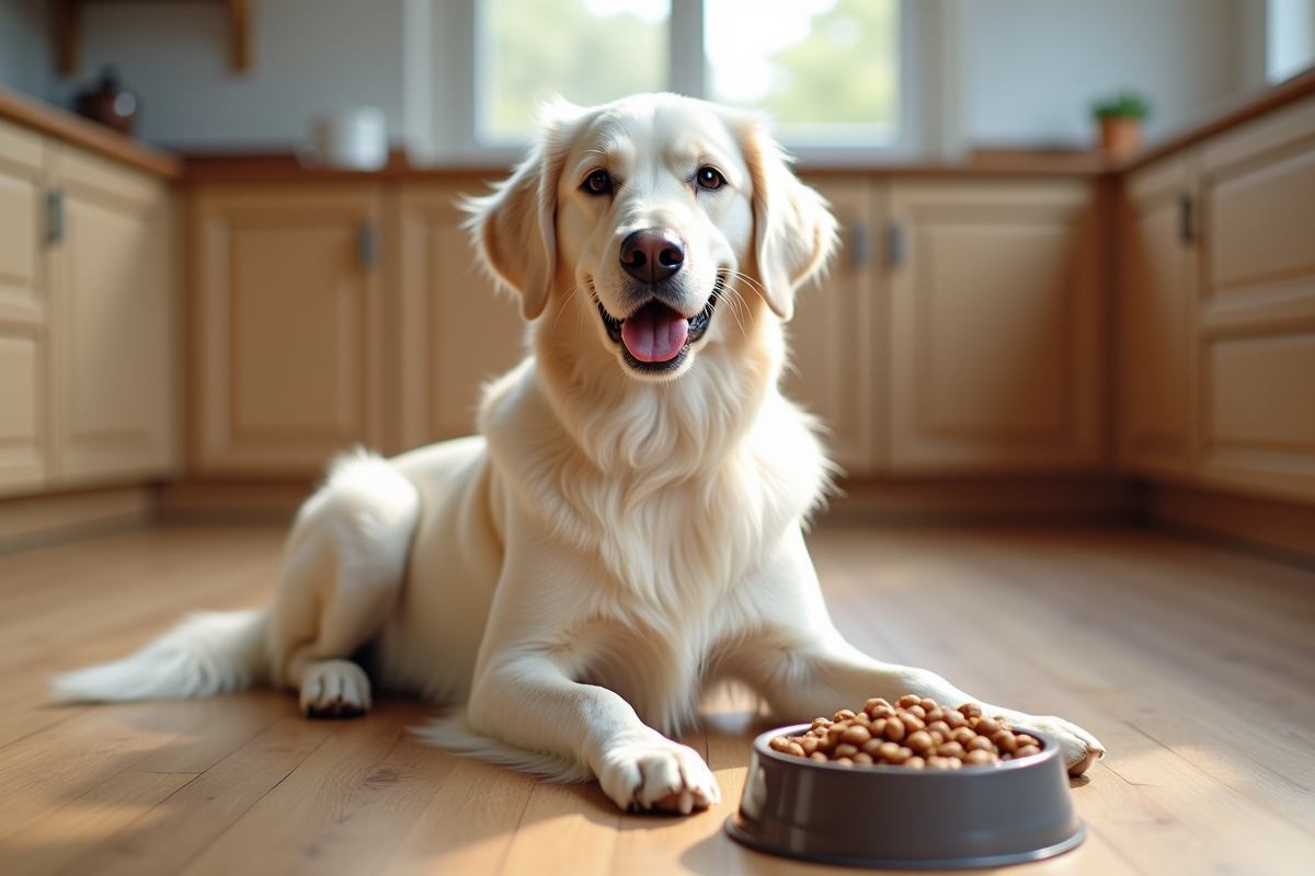 Golden retriever blanc assis près d un bol de nourriture équilibrée
