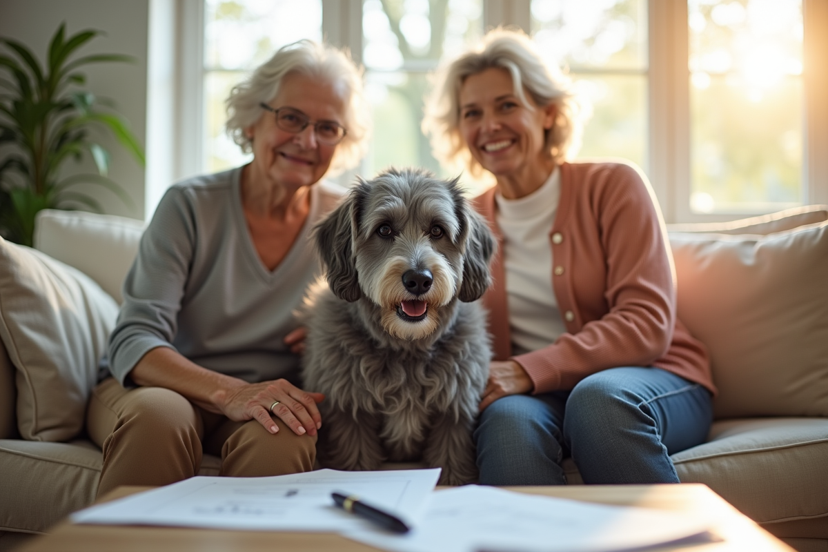 Chien senior gris souriant avec une femme âgée dans un salon lumineux