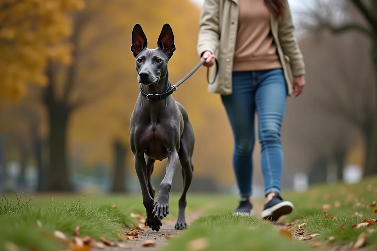 Chien Xoloitzcuintli sans poils en promenade dans un parc en automne, race souvent citée parmi les chiens au physique le plus inhabituel