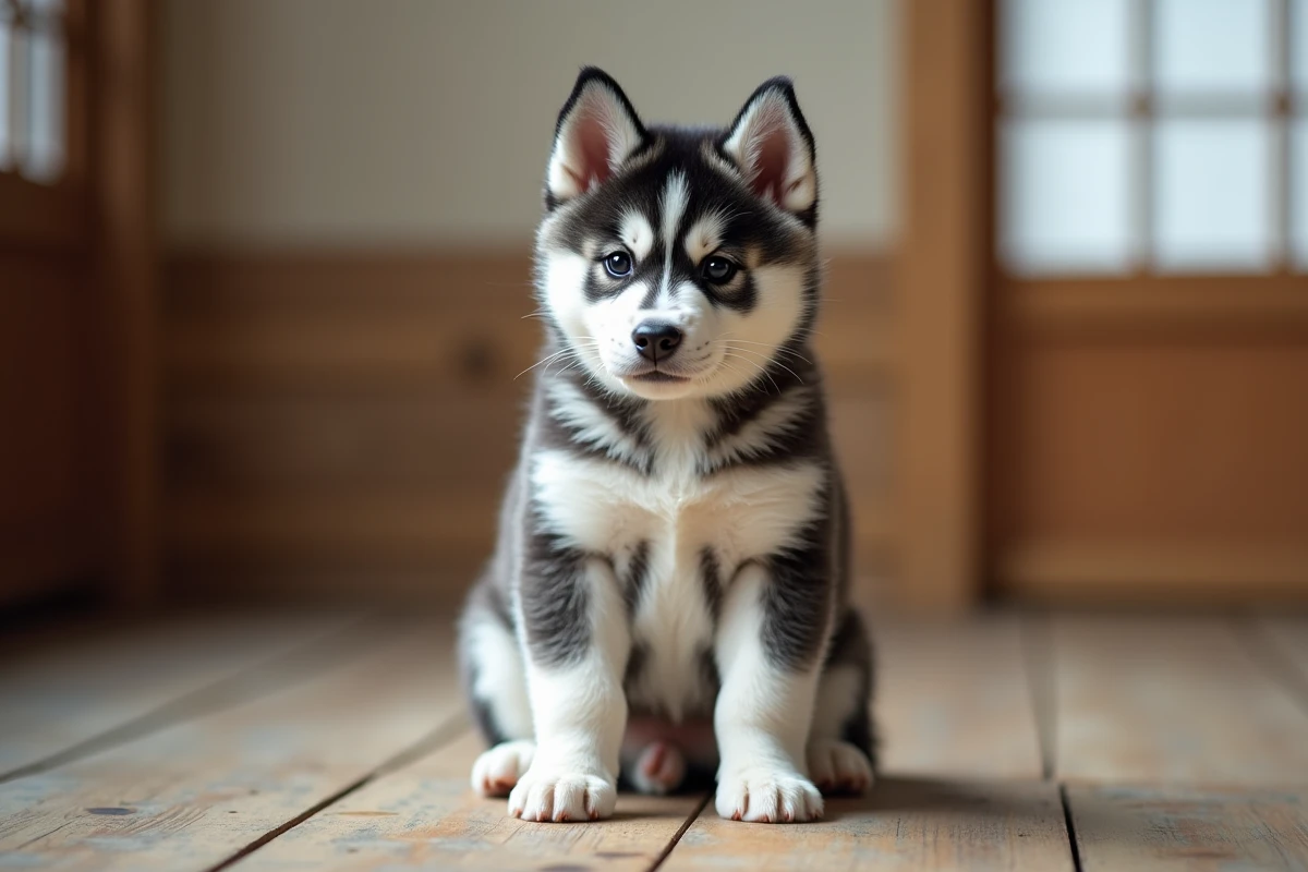 Chiot Akita Inu bringé bleu en portrait rapproché assis sur un plancher en bois dans un intérieur japonais minimaliste