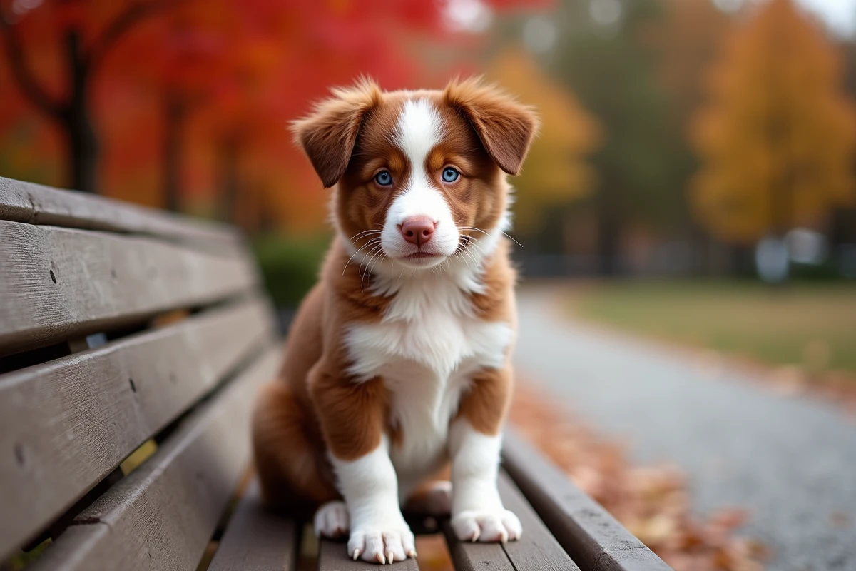 Chiot Berger Australien tricolore assis sur un banc de parc en automne avec un regard vif et curieux