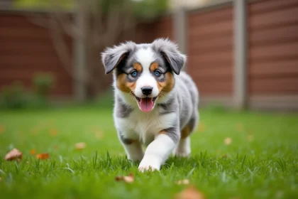 Chiot Berger Australien merle jouant dans un jardin avec une expression joyeuse et des yeux de couleurs différentes