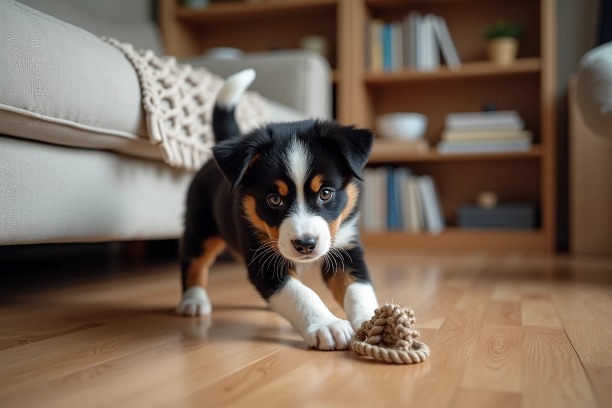 Chiot Berger Australien noir tricolore en position de jeu avec une corde dans un salon cosy et moderne