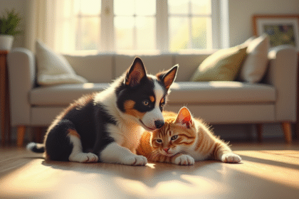 Chiot border collie jouant avec un chat adulte dans un salon lumineux