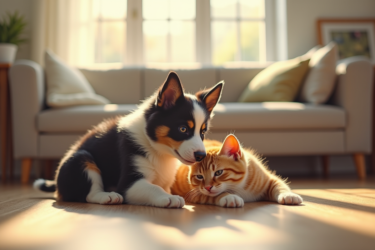 Chiot border collie jouant avec un chat adulte dans un salon lumineux