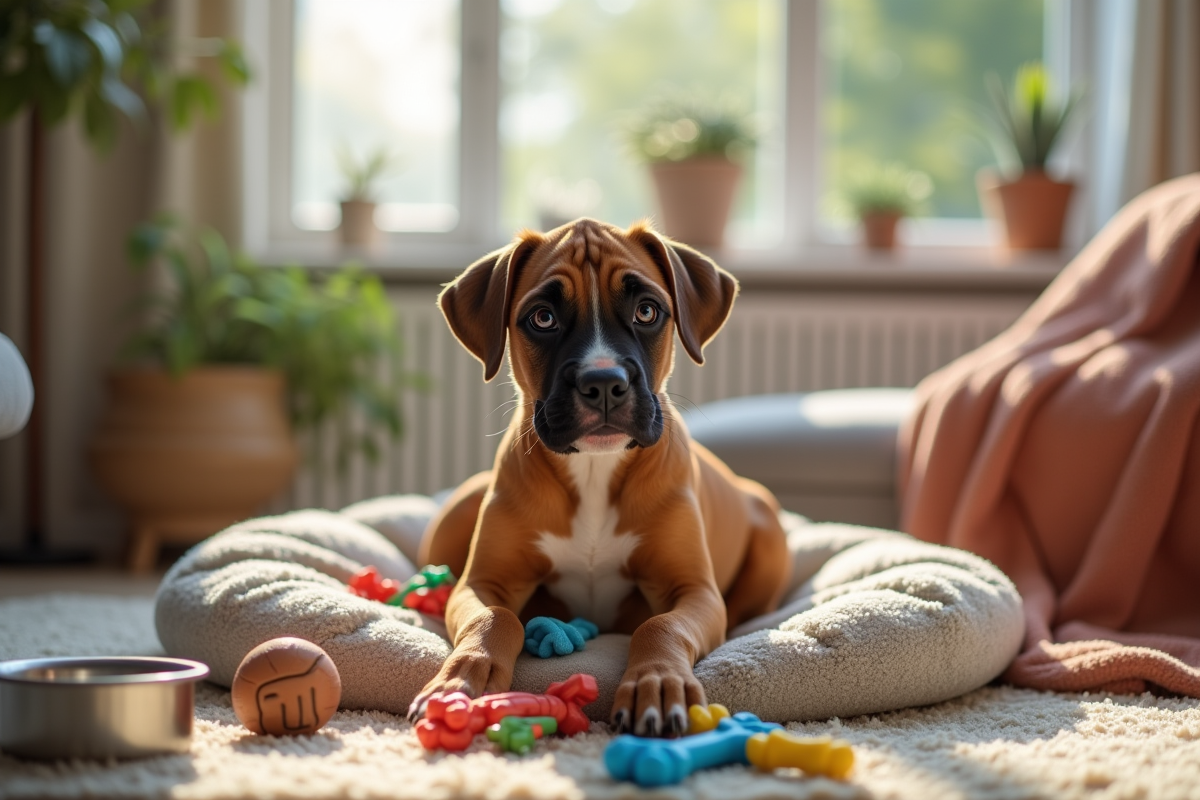 Chiot boxer joueur dans un salon lumineux avec jouets