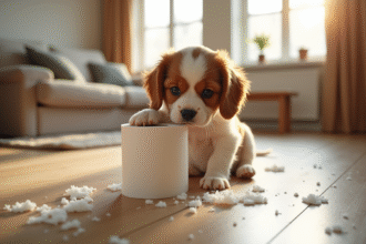 Chiot cavalier King Charles joue avec du papier toilette dans un salon lumineux