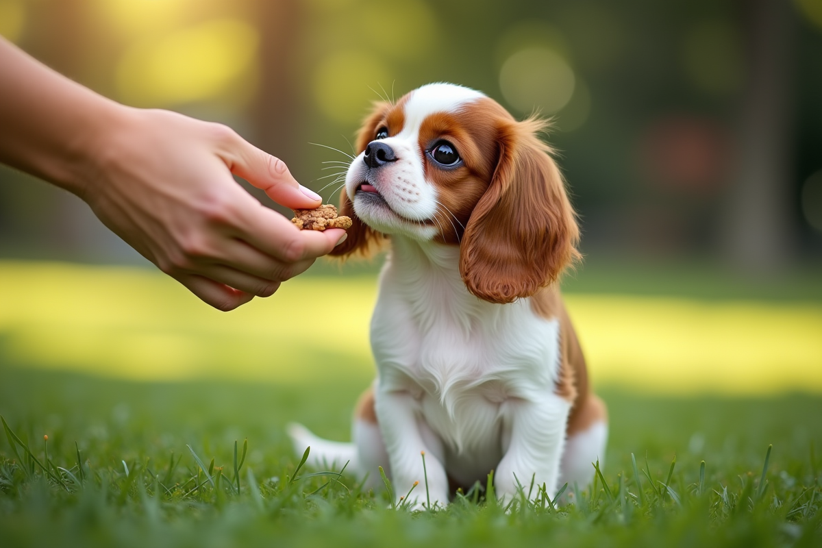 Chiot cavalier assis dans un parc regarde une friandise offerte