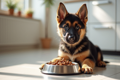 Chiot berger allemand assis près d'une gamelle de croquettes