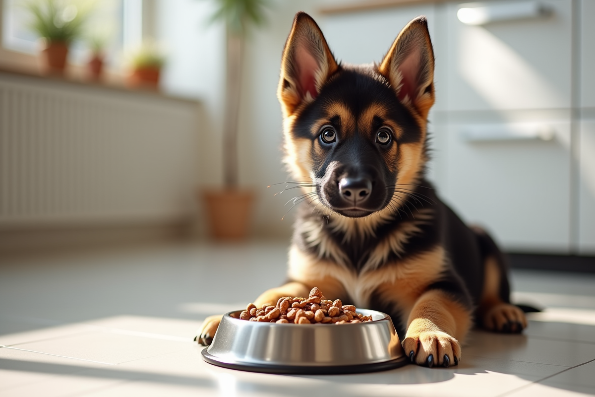 Chiot berger allemand assis près d'une gamelle de croquettes