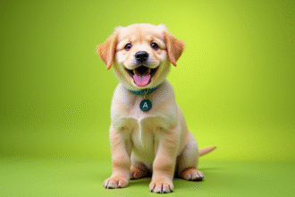 Un chiot joyeux avec un collier portant la lettre A en plein jour