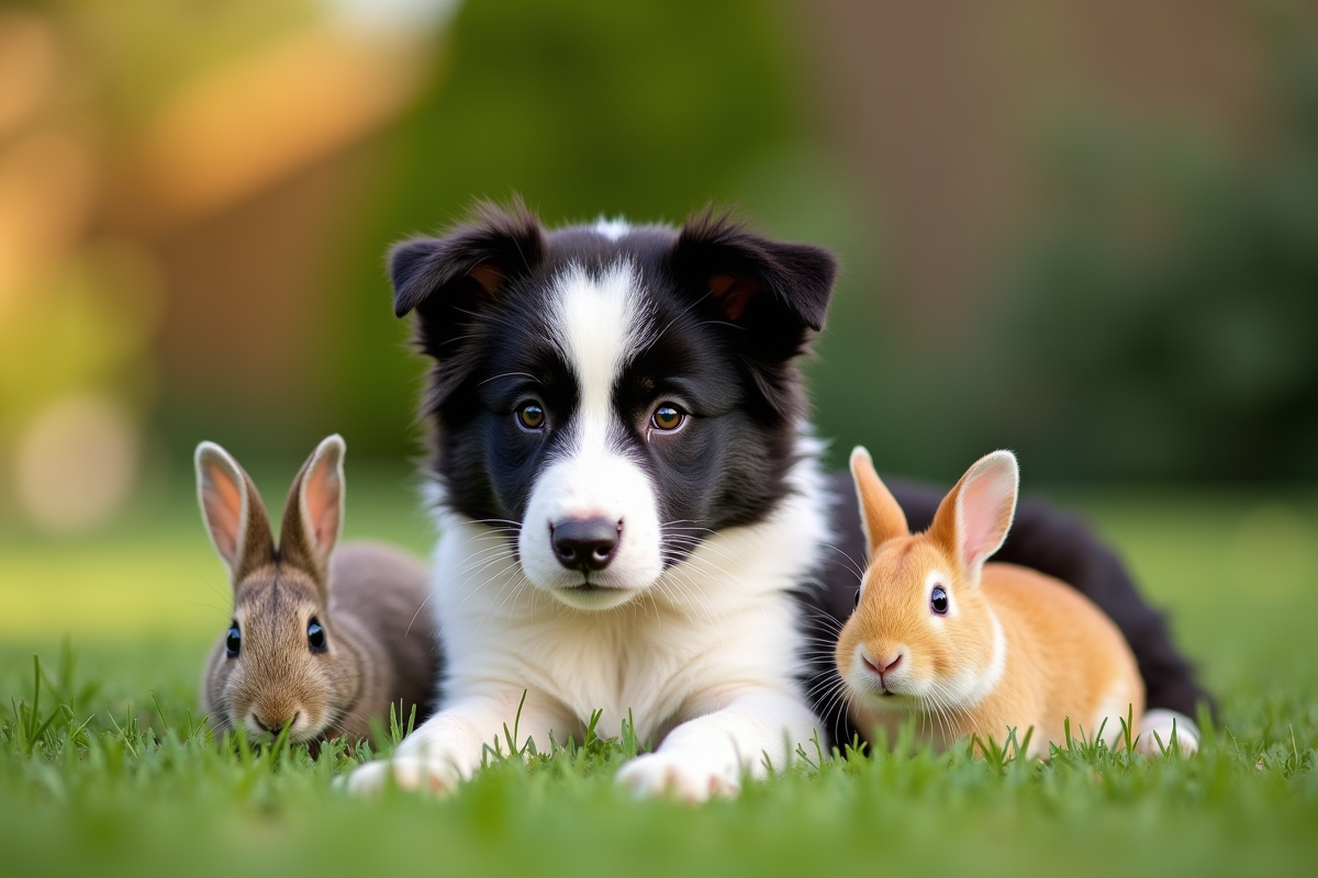 Chiot border collie avec lapin et cochon d