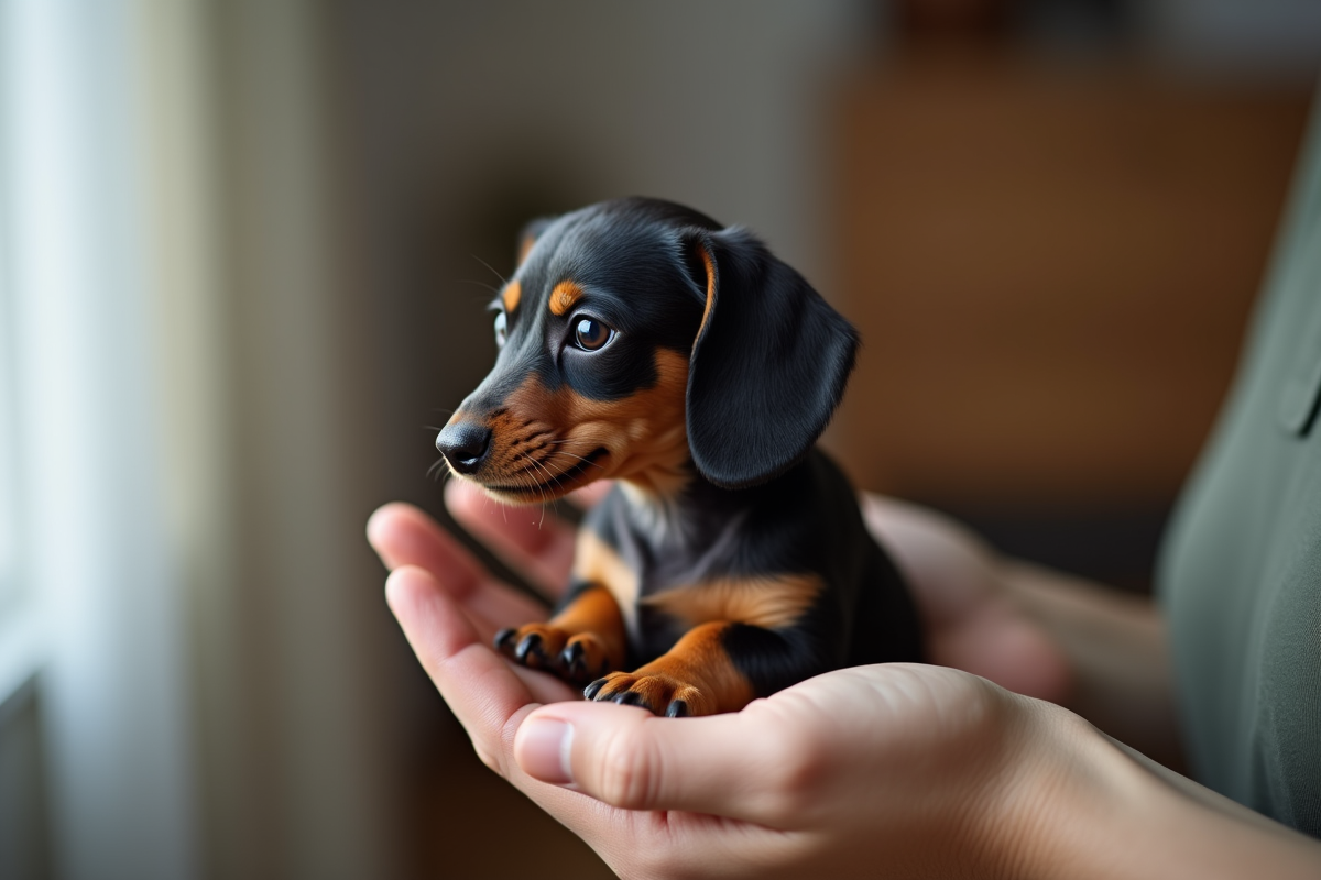 Chiot teckel poil lisse tenu par une main en intérieur