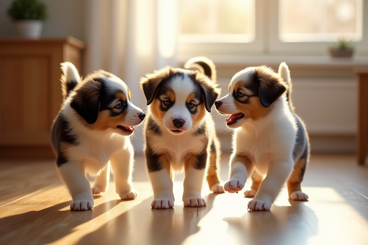 Trois chiots australien shepherd jouent en intérieur