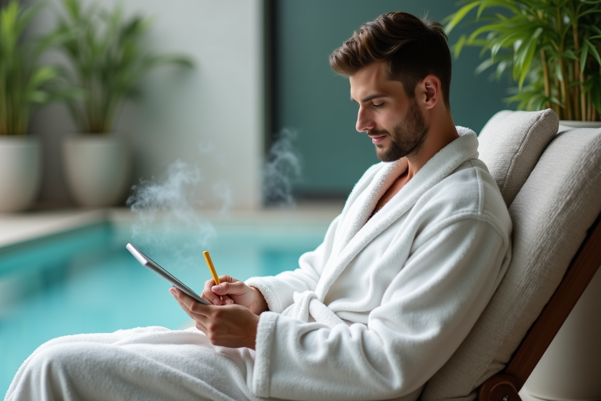 Jeune homme en peignoir blanc remplissant un sondage dans un spa