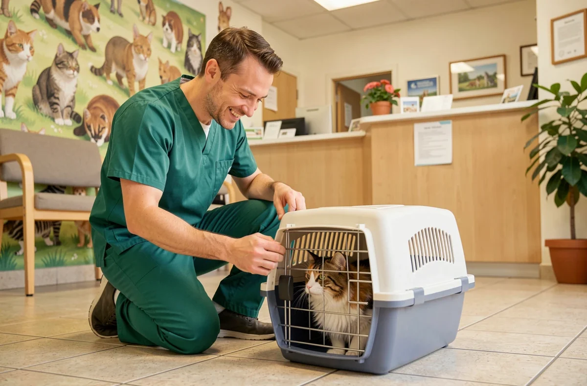 Vétérinaire accroupi interagissant avec un chat dans un transportin dans la salle d'attente de la Clinique des 1000 Pattes à Neuville-aux-Bois Sevetys