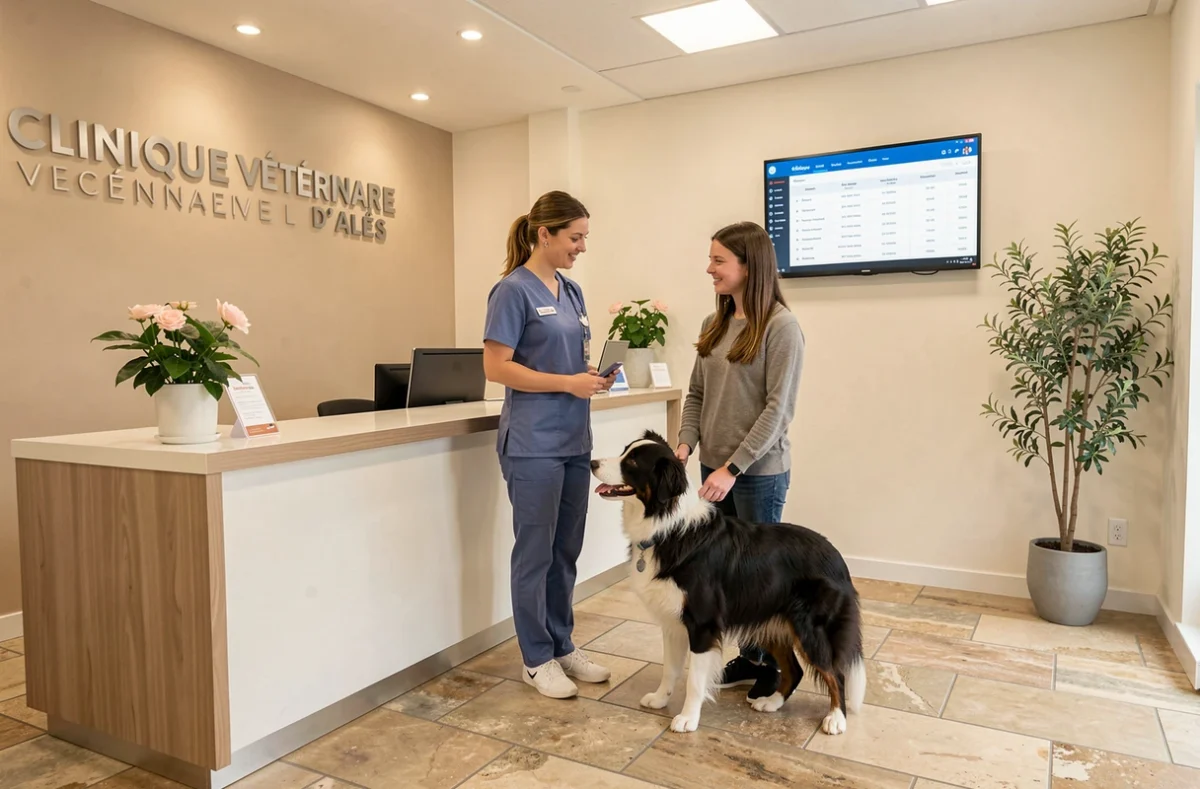 Accueil d'une cliente et de son border collie à la Clinique Vétérinaire d'Alès