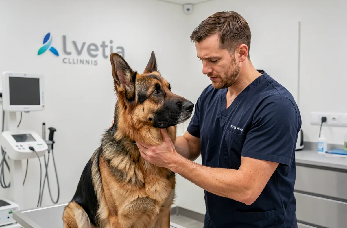 Vétérinaire masculin examinant un berger allemand à la Clinique Vétérinaire Alvetia de Thionville