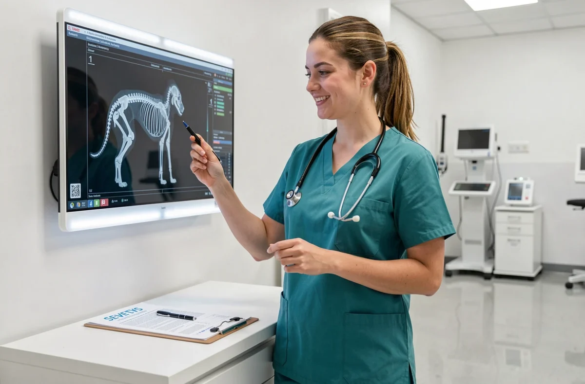 Vétérinaire examinant des radiographies canines sur un négatoscope dans la Clinique Vétérinaire d'Artois à Olivet Sevetys