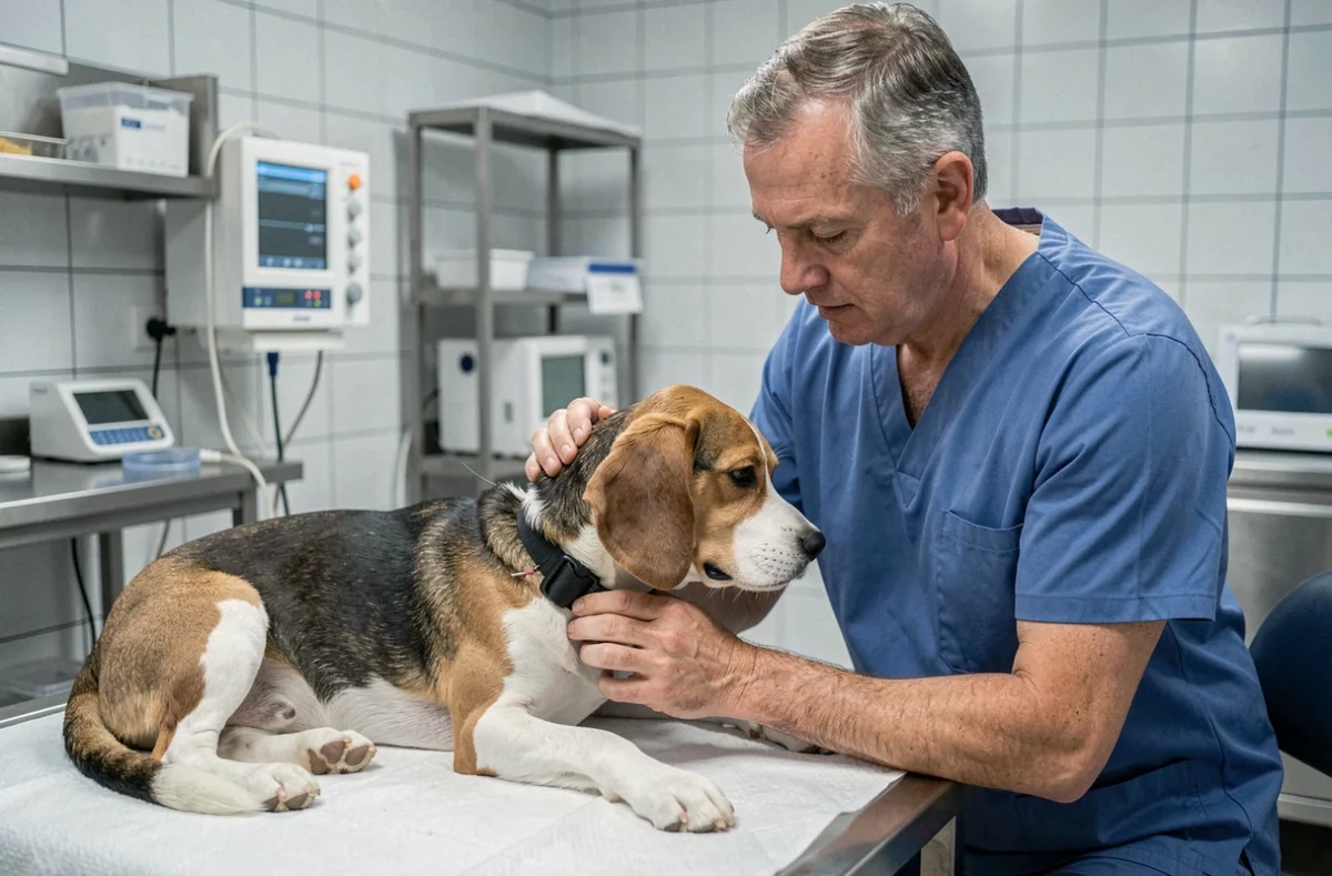Vétérinaire de Bellegarde vérifiant la convalescence d'un beagle après une opération