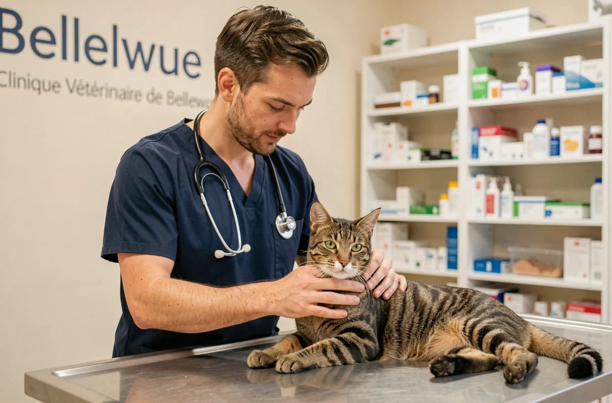 Vétérinaire tenant un chat en consultation à la Clinique Vétérinaire de Bellevue