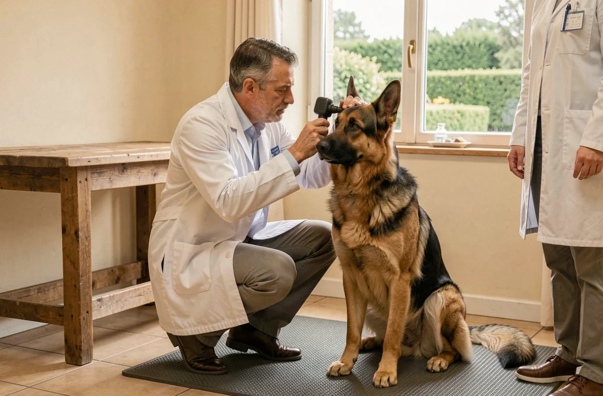 Vétérinaire examinant les oreilles d'un berger allemand dans une salle de consultation rustique de la Clinique Vétérinaire de la Guignardière