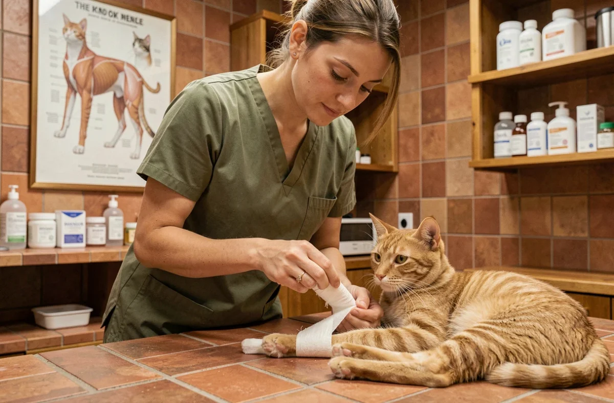 Technicienne vétérinaire soignant la patte d'un chat roux sur une table d'examen à la Clinique Vétérinaire de la Tuilerie dans le Loiret