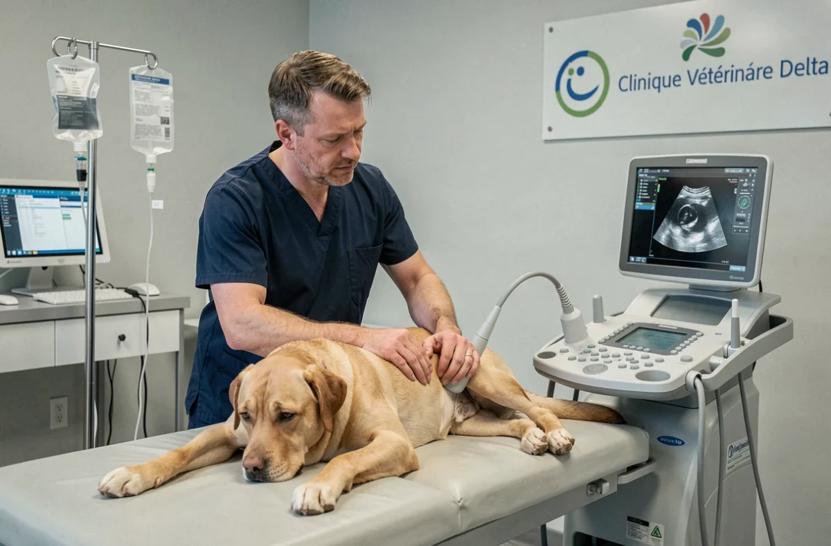 Vétérinaire de la Clinique Delta réalisant une échographie sur un labrador