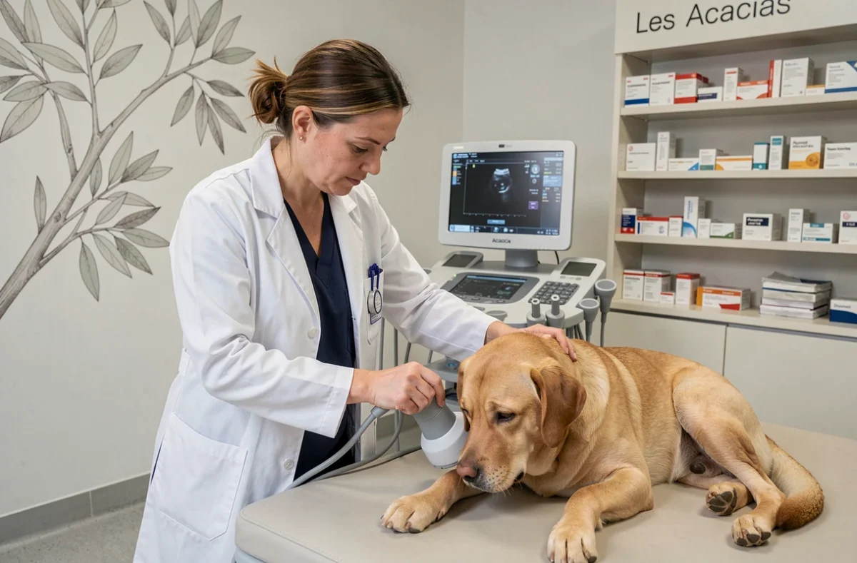 Vétérinaire réalisant une échographie sur un labrador dans les locaux modernes de la Clinique Vétérinaire des Acacias dans le Loiret