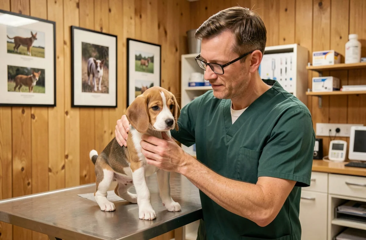 Vétérinaire masculin soulevant un chiot beagle sur la table d'examen à la Clinique Vétérinaire du Parc de Montigny-lès-Metz
