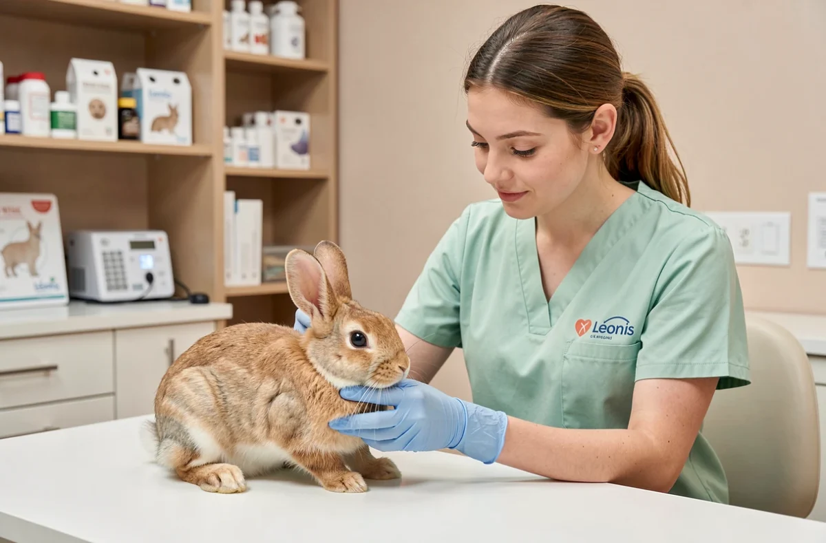 Vétérinaire de la clinique Léonis examinant un lapin lors d'une visite de routine