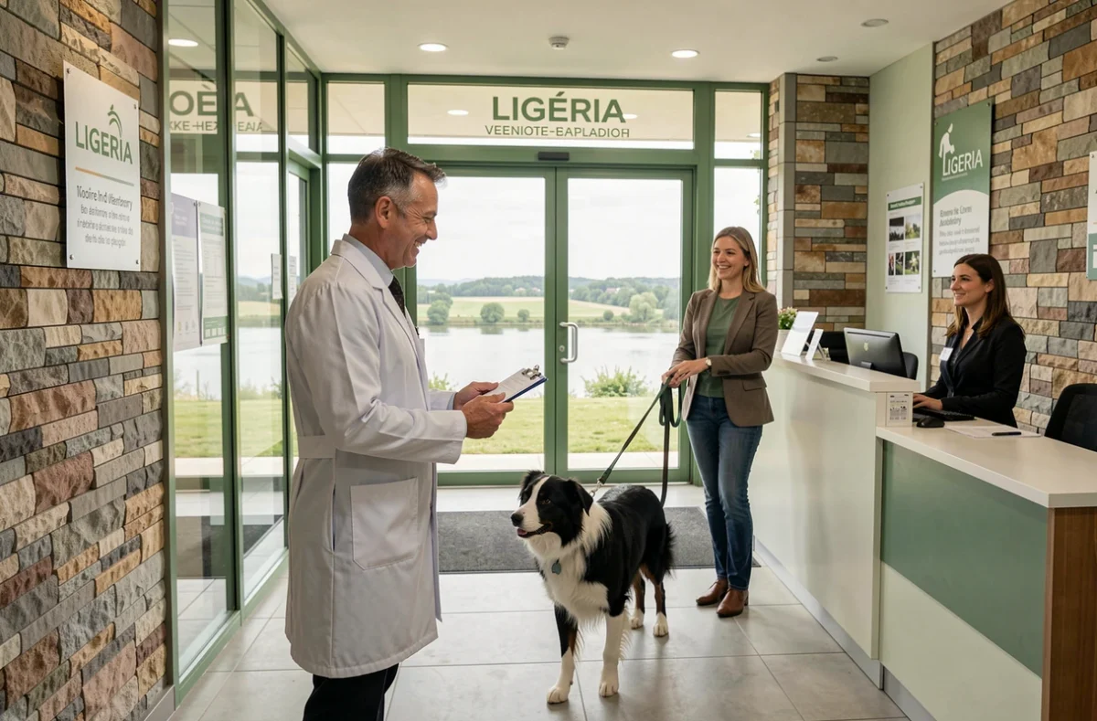 Vétérinaire accueillant des propriétaires avec leur border collie à l'entrée de la Clinique Vétérinaire Ligéria dans le Loiret