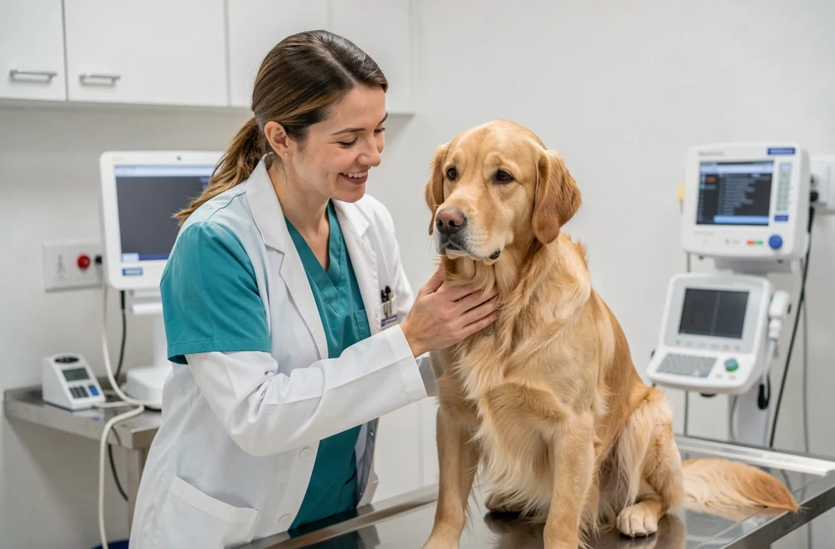 Vétérinaire examinant un golden retriever à la clinique vétérinaire Sevetys de Milhaud