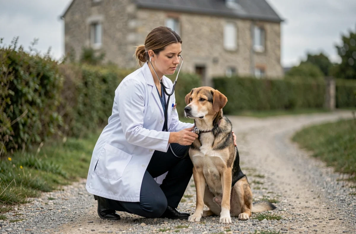 Vétérinaire examinant un chien avec un stéthoscope devant un bâtiment en pierre à Norroy-le-Veneur