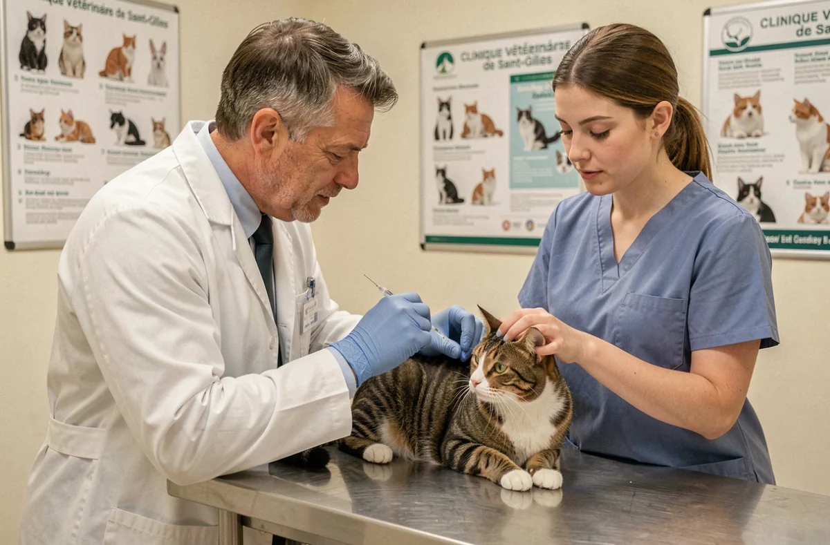 Vétérinaire de Saint-Gilles administrant un vaccin à un chat assisté par son aide vétérinaire