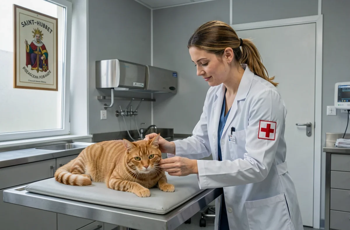 Vétérinaire féminine effectuant un suivi post-opératoire sur un chat roux à la Clinique Vétérinaire Saint-Hubert de Forbach
