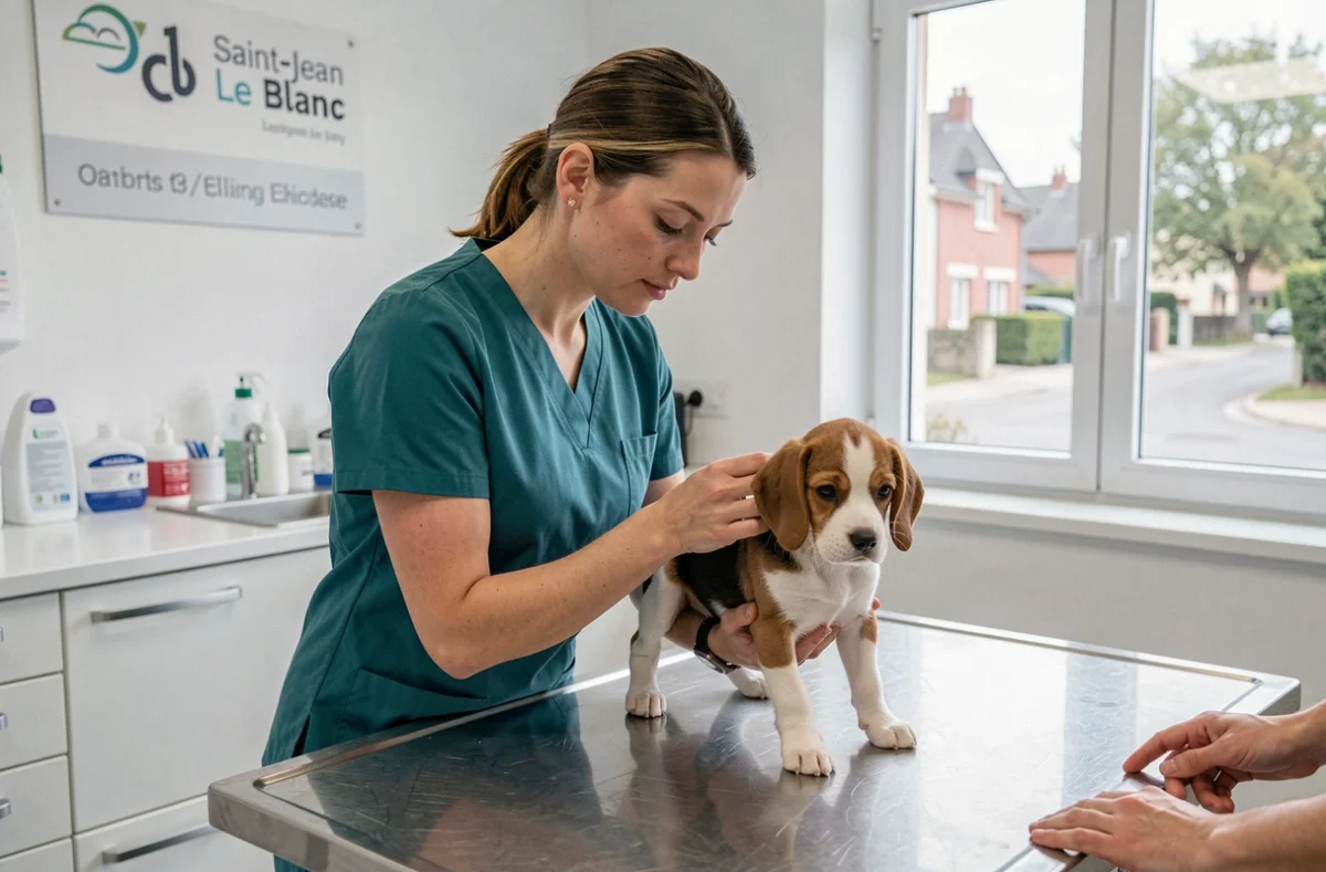 Vétérinaire examinant un chiot beagle sur une table d'examen à la Clinique Vétérinaire de Saint-Jean Le Blanc Sevetys dans le Loiret