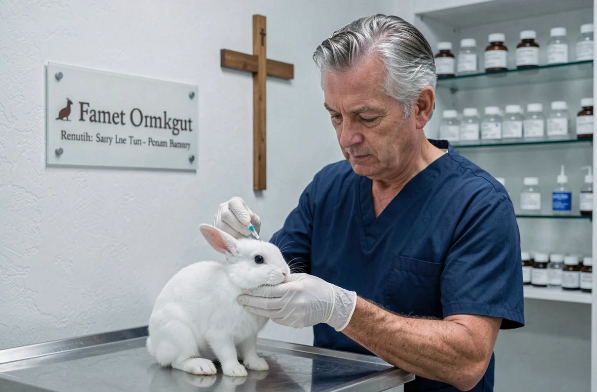 Vétérinaire vaccinant un lapin blanc dans une salle d'examen propre de la Clinique Vétérinaire Saint Roch dans le Loiret
