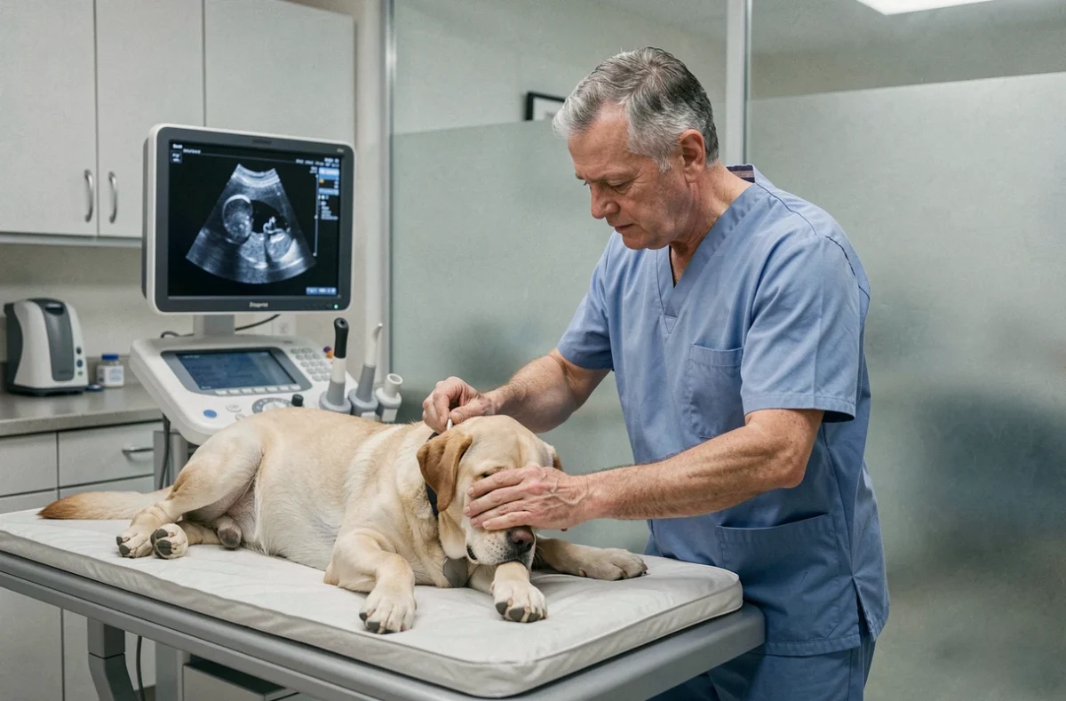 Vétérinaire réalisant une échographie sur un labrador à la Clinique Vétérinaire de Sarrebourg